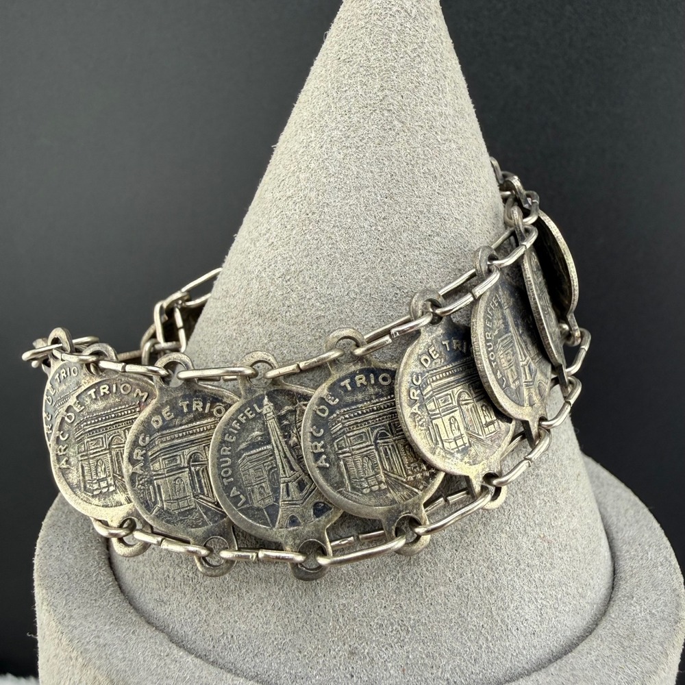Vintage Paris Souvenir Bracelet Silver Tone Eiffel Tower Arc De Triomphe 8"
